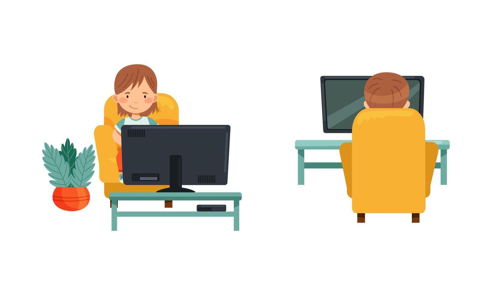 Cute preschool kids sitting in armchair and watching TV, front and behind view, child leisure concept illustration vector
