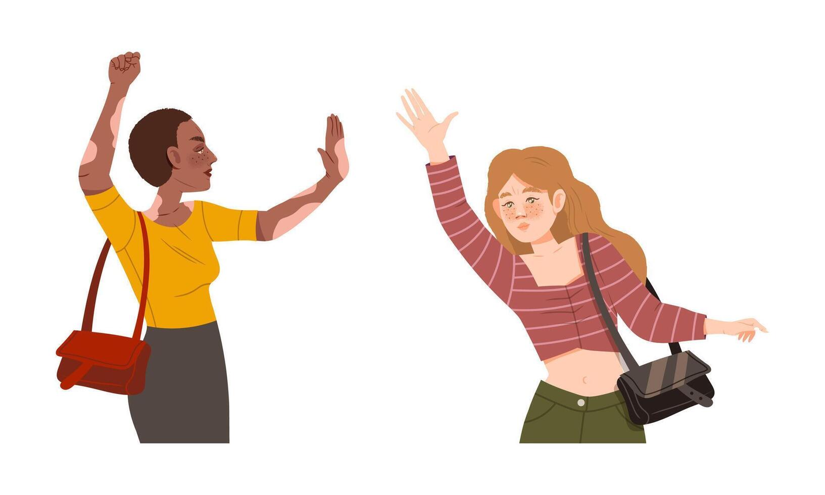 Young women demonstrating or protesting. Girl doing stop sign gesture illustration vector