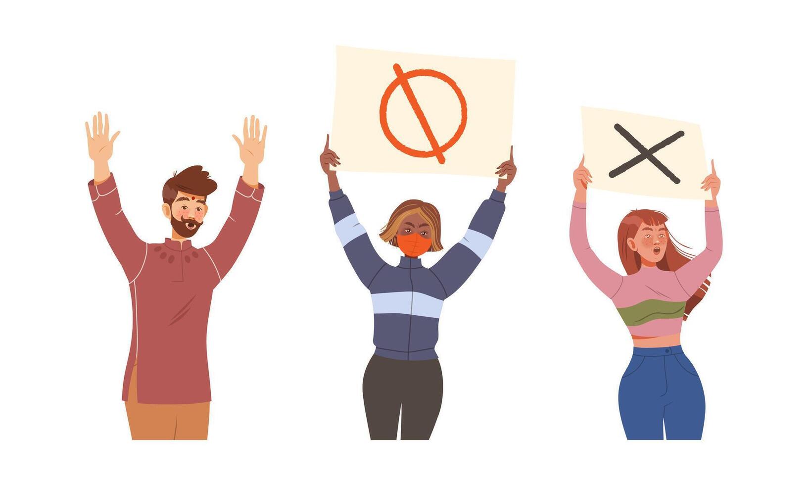 People demonstrating or protesting with banners set. Men and women taking part in political meeting illustration vector