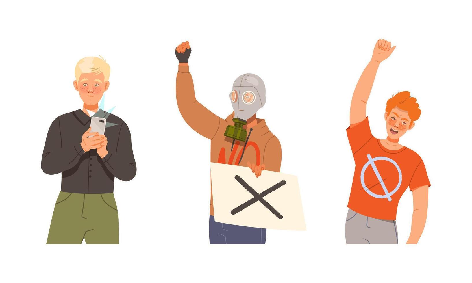 People demonstrating or protesting set. Men and women taking part in political meeting. Man gas mask with banner illustration vector