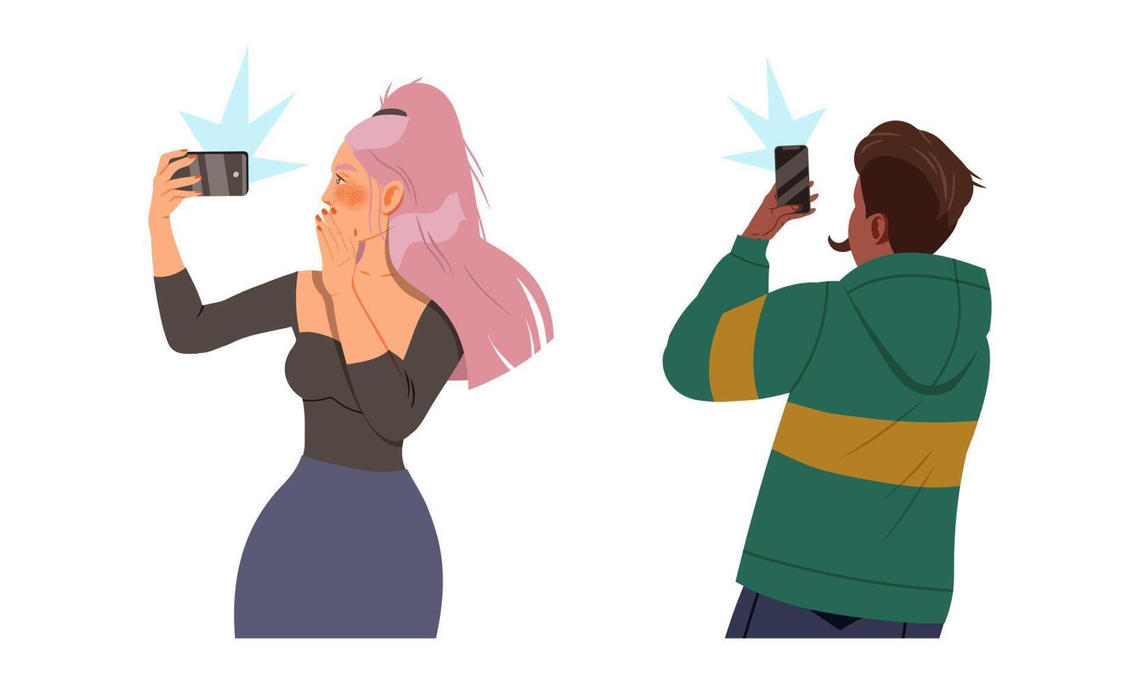 People in fashionable outfit making selfie with smartphone set. Man and woman using modern gadgets illustration vector