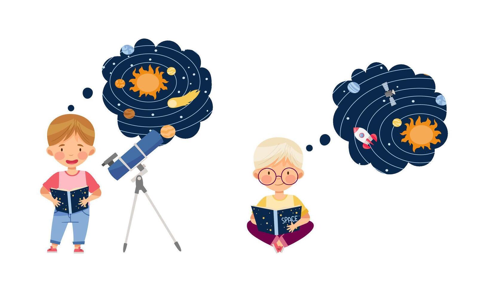 Little children learning about space set. Boys using telescope for astronomical research and reading book illustration vector