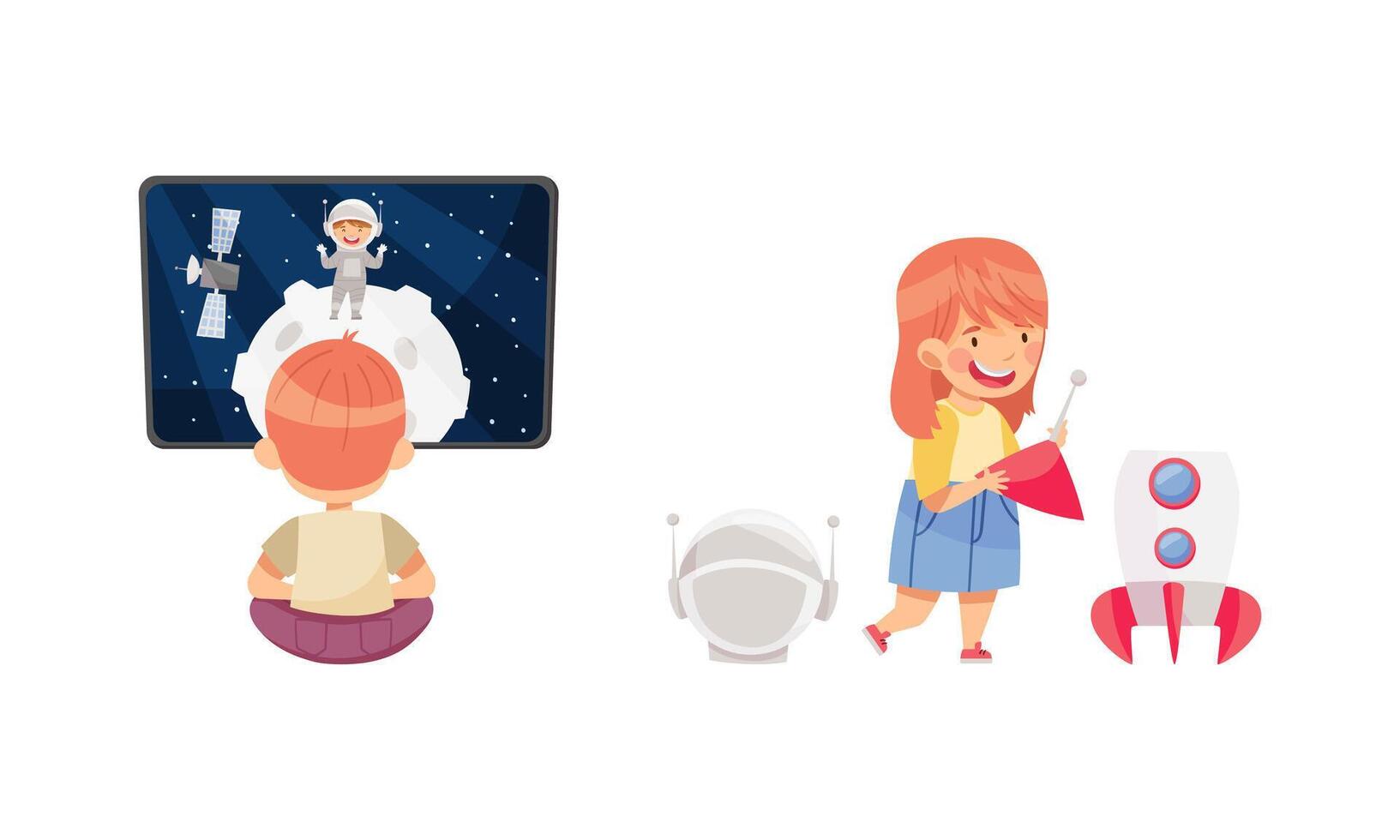 Kids learning about space set. Boy watching movie about space, girl building space rocket illustration vector