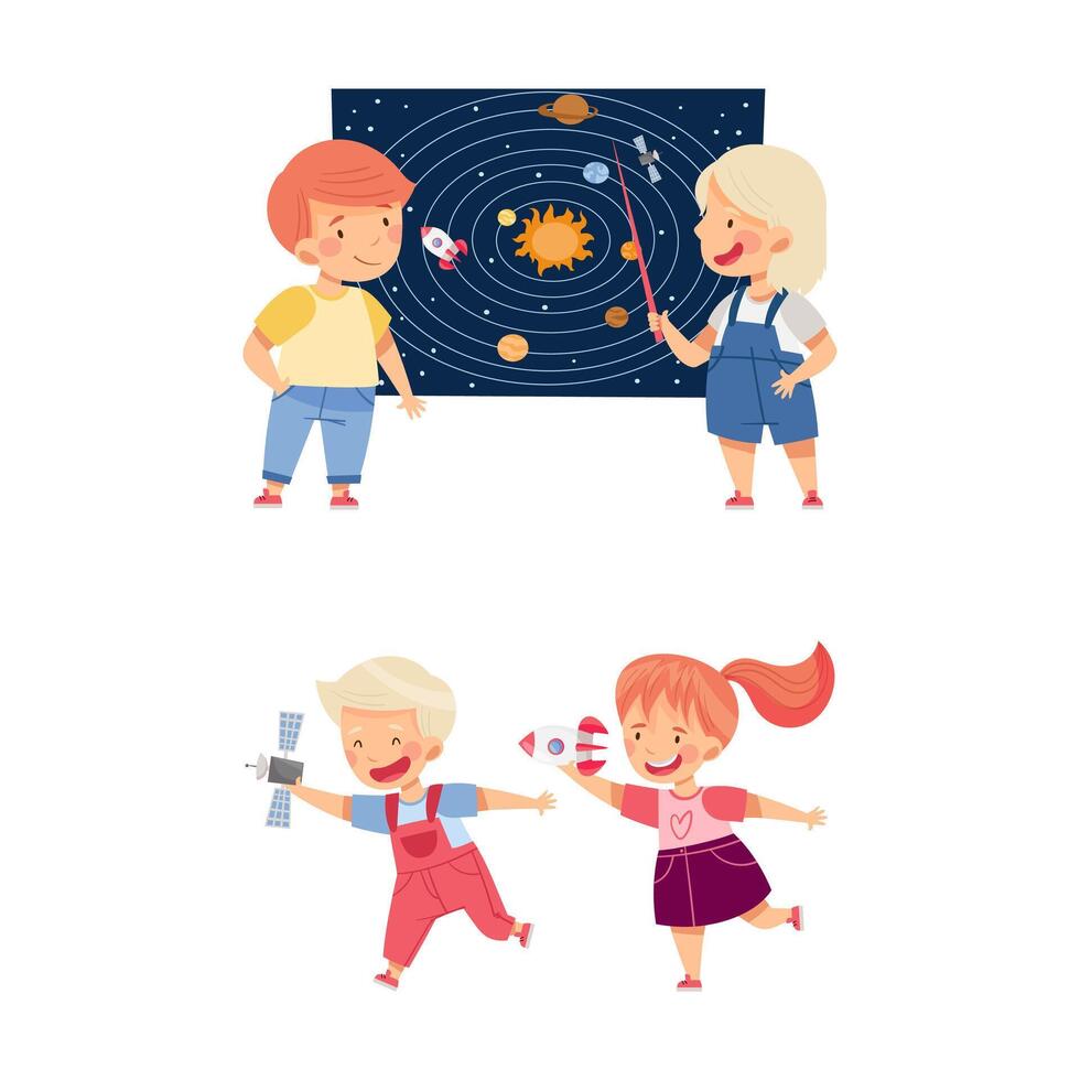 Kids learning about space set. Boy and girl playing with rocket toys illustration vector