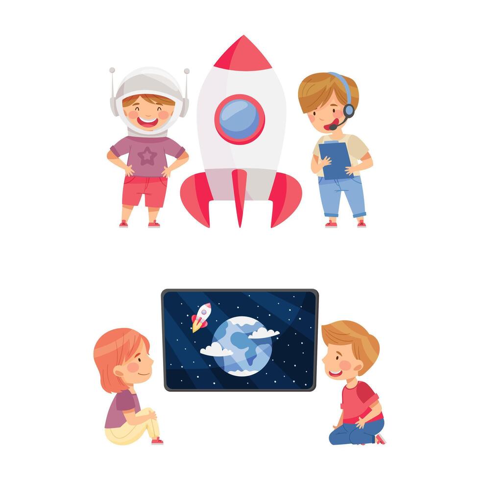 Kids learning about space and watching movie about space illustration vector