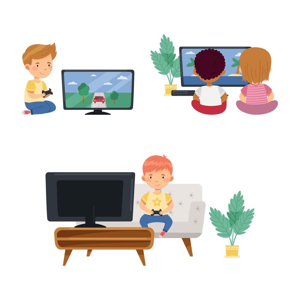 Kids playing games set. Boys and girl sitting at tv screen with gamepad controllers illustration vector
