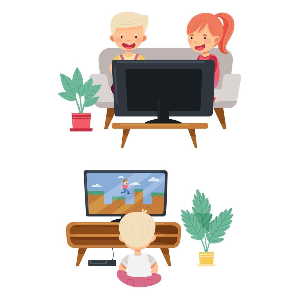 Kids playing games set. Children sitting at tv screen with gamepad controllers. Gaming entertainment and leisure illustration vector