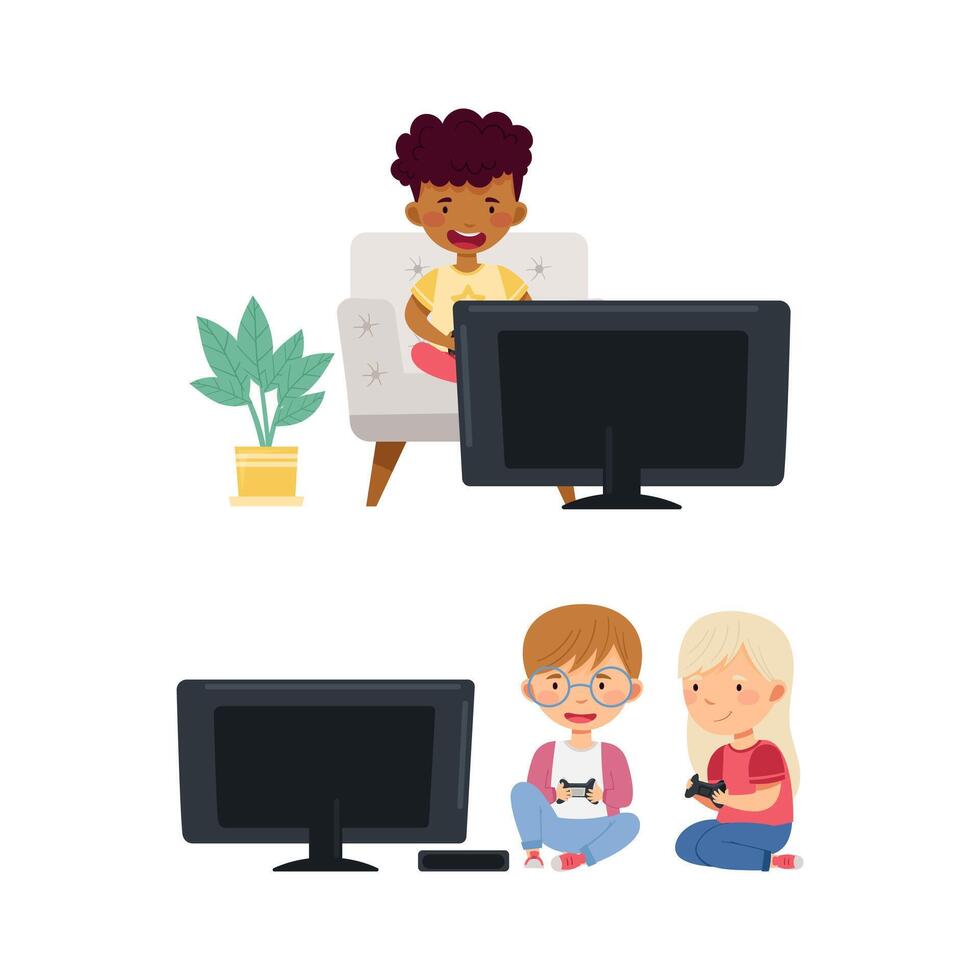 Kids playing games set. Little boy and girl sitting at tv screen with gamepad controllers illustration vector