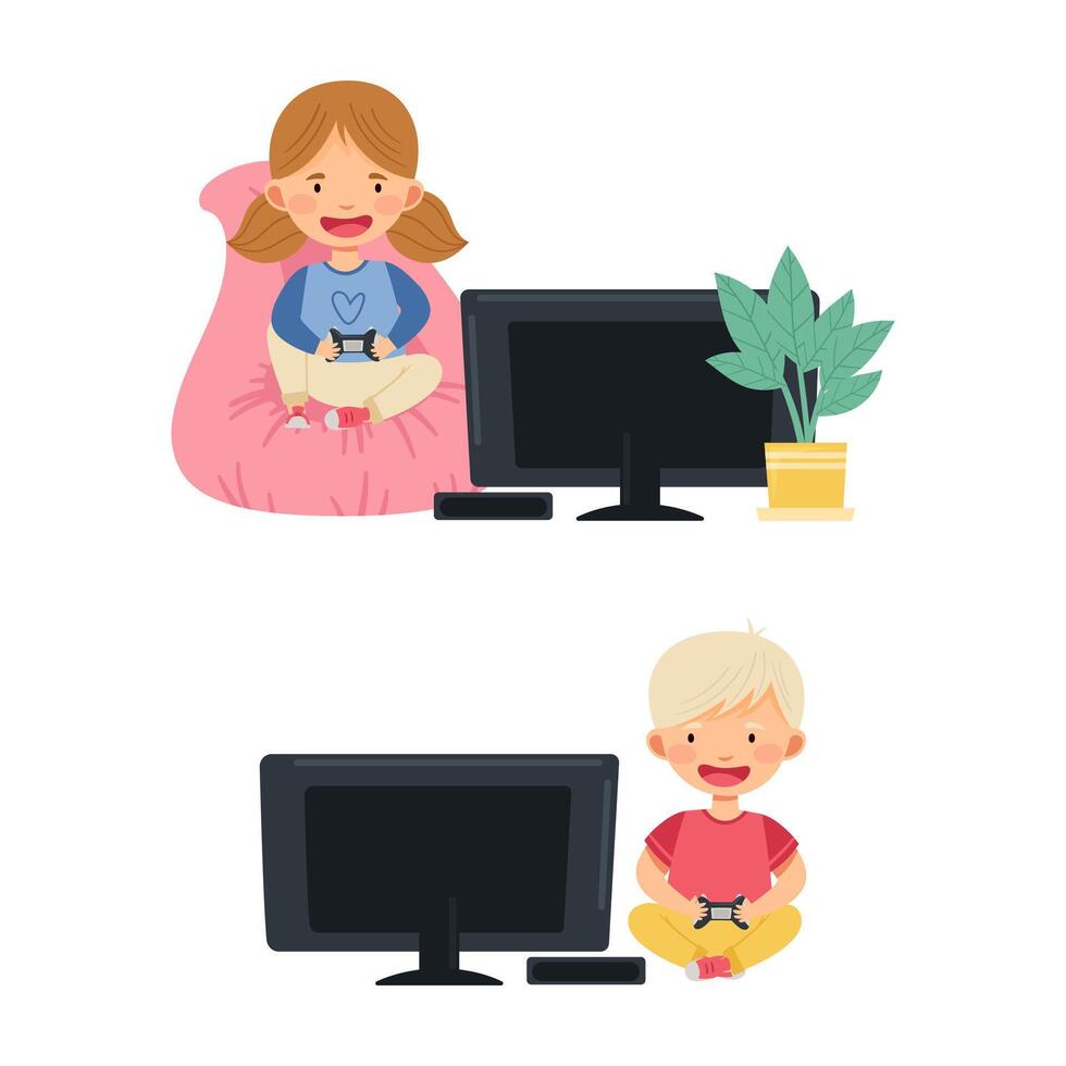 Kids playing games set. Cheerful little boy and girl sitting at tv screen with gamepad controllers. Gaming entertainment and leisure illustration vector