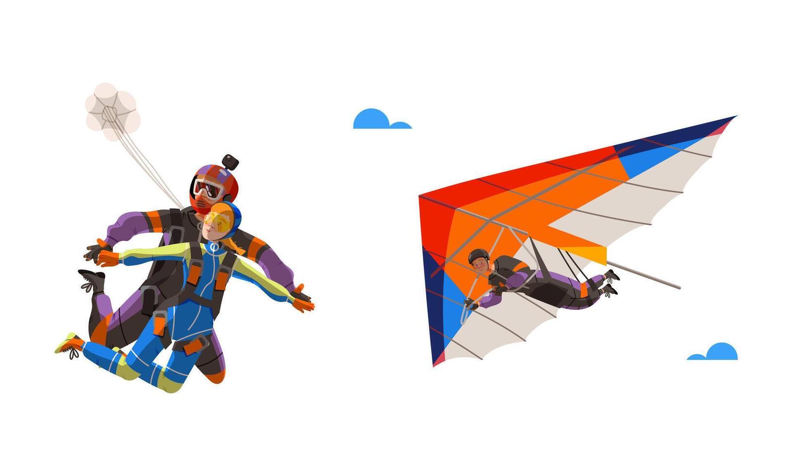 People skydiving in the sky set. Professional parachutists paragliding with parachute illustration vector