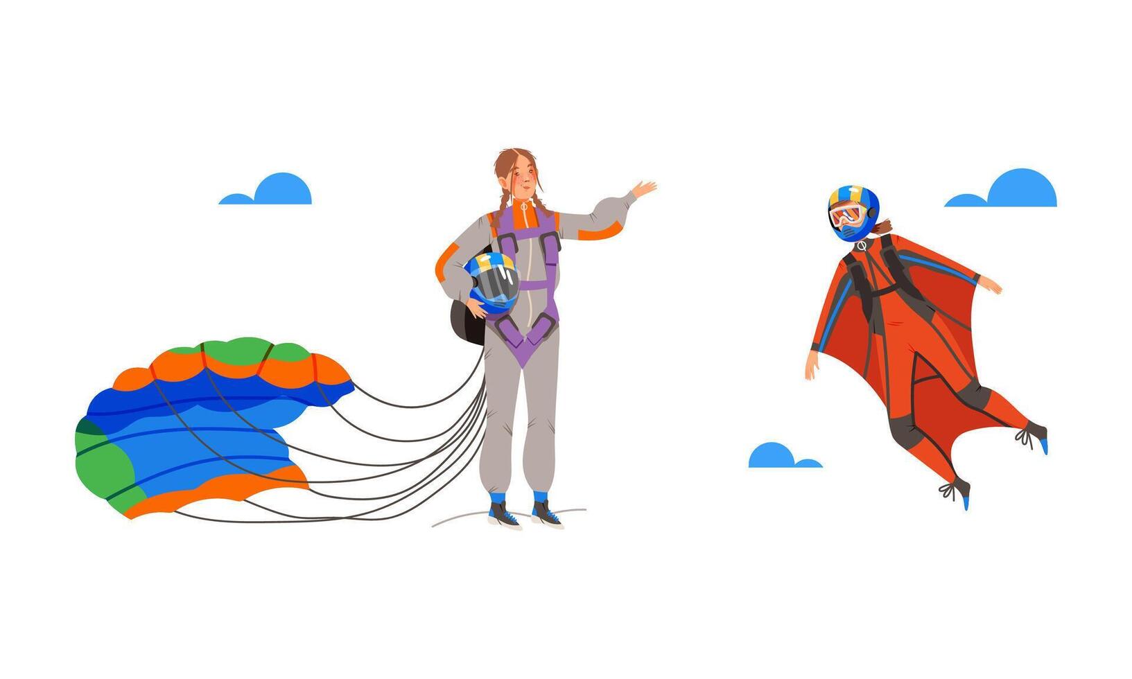 People skydiving in the sky set. Professional parachutist flying wearing wingsuit. Girl standing on the ground with parachute illustration vector