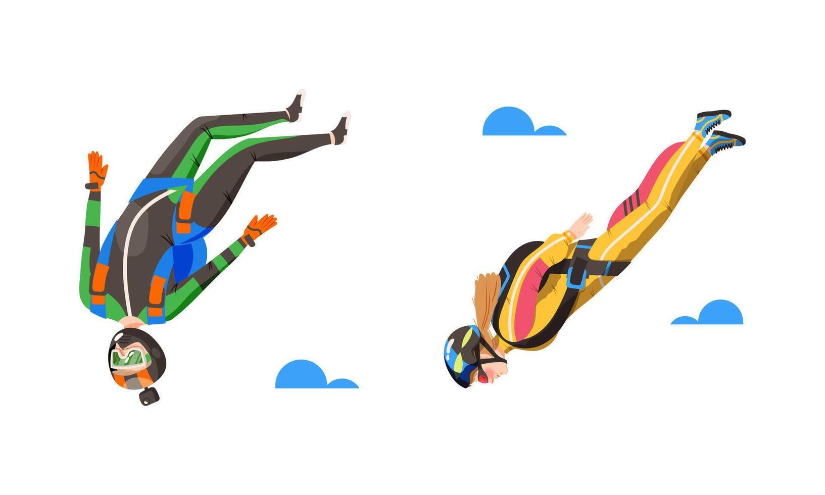 People skydiving in the sky set. Parachutists parachuting in free fall illustration vector