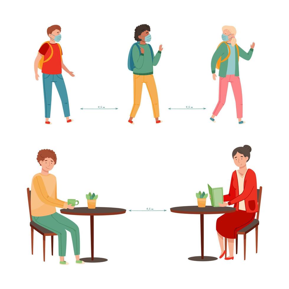 Social distance in public places set. People wearing mask to prevent spread of COVID-19 infection illustration vector