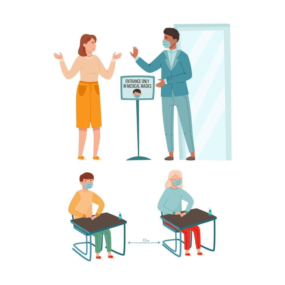 Social distance in public places set. Adults and children wearing face masks to prevent infection from coronavirus COVID-19 illustration vector