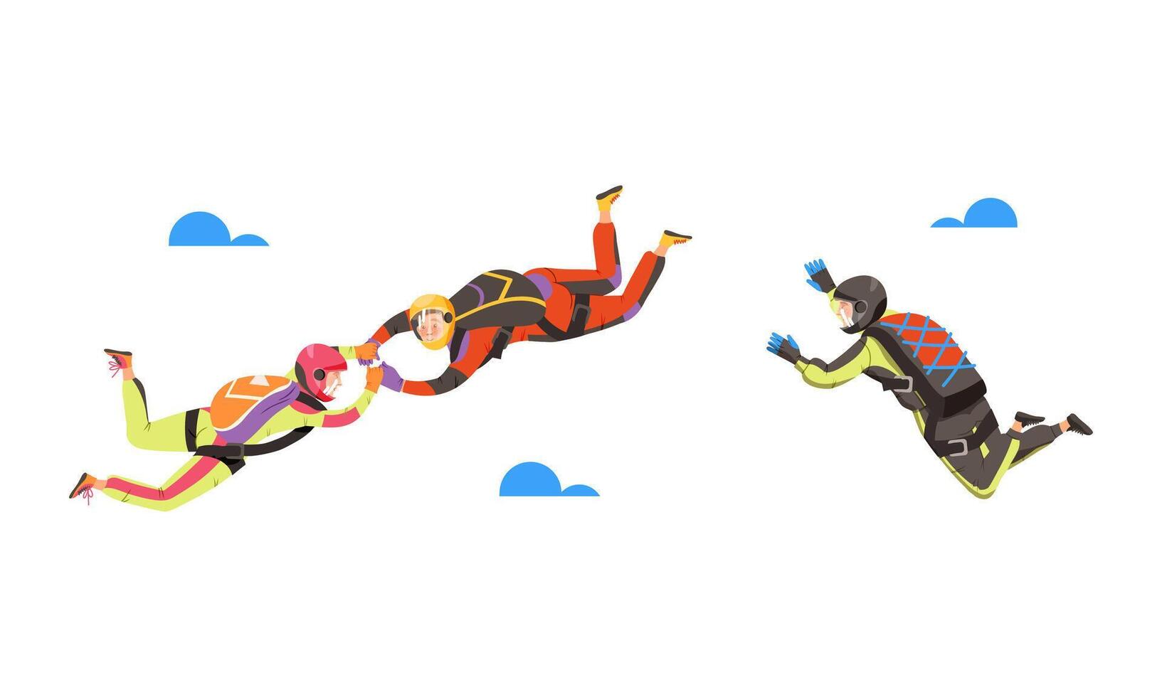 People skydiving in the sky set. Professional parachutists flying in free fall illustration vector