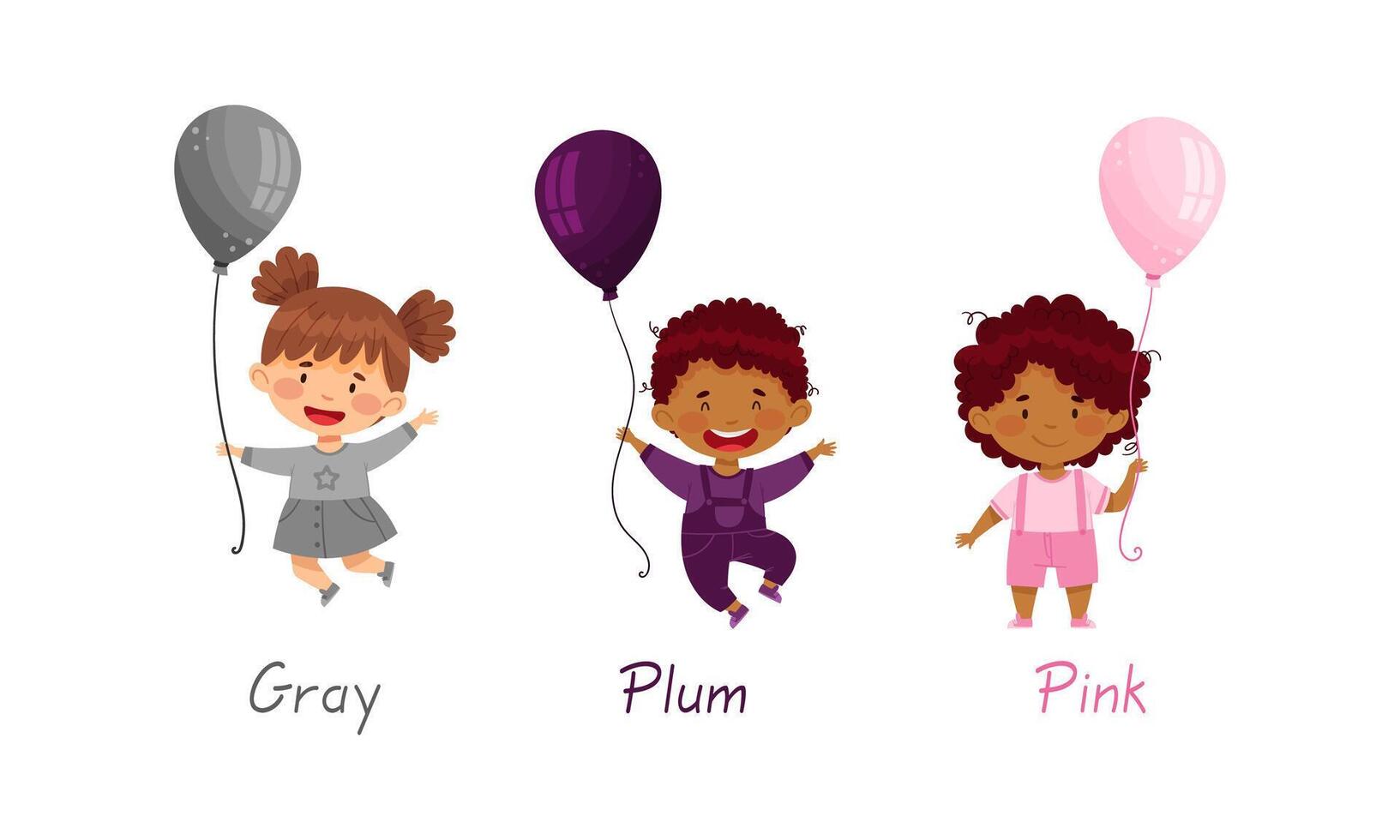 Cute kids holding balloons of different colors set. Boys and girl holding gray, plum and pink balloon illustration vector
