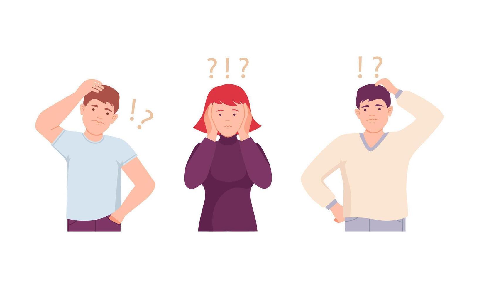 Man and woman thinking with question marks over their heads set. Doubting man and woman thinking about problems illustration vector
