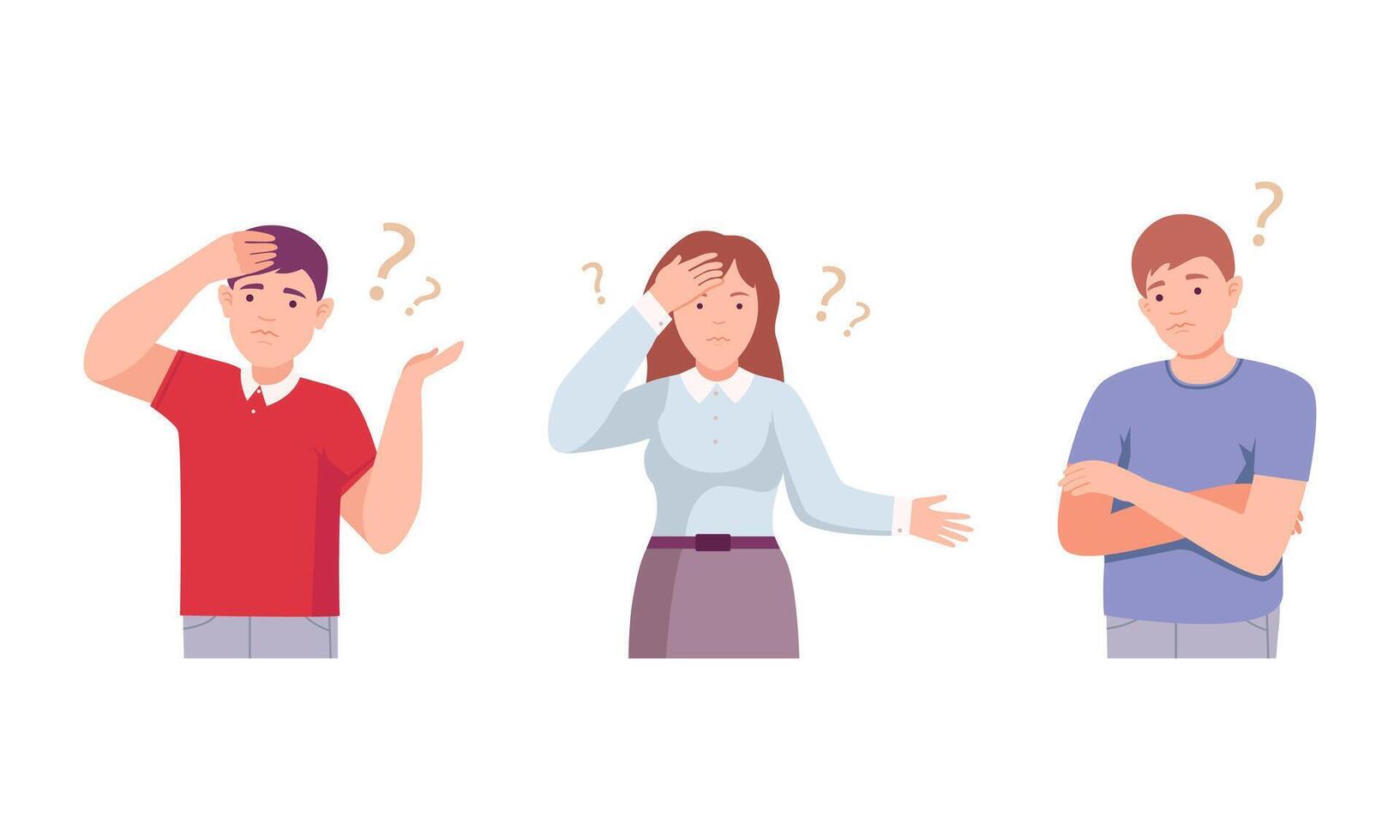 Man and woman thinking with question marks set. Doubting people thinking about their problems illustration vector
