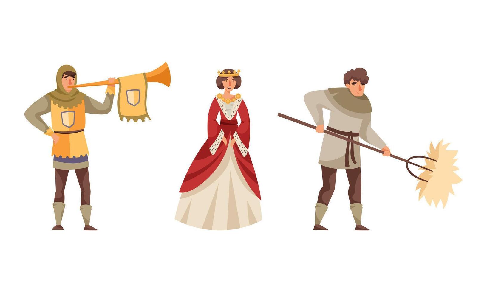 Inhabitants of the medieval city set. Queen, herald, stableman characters illustration vector