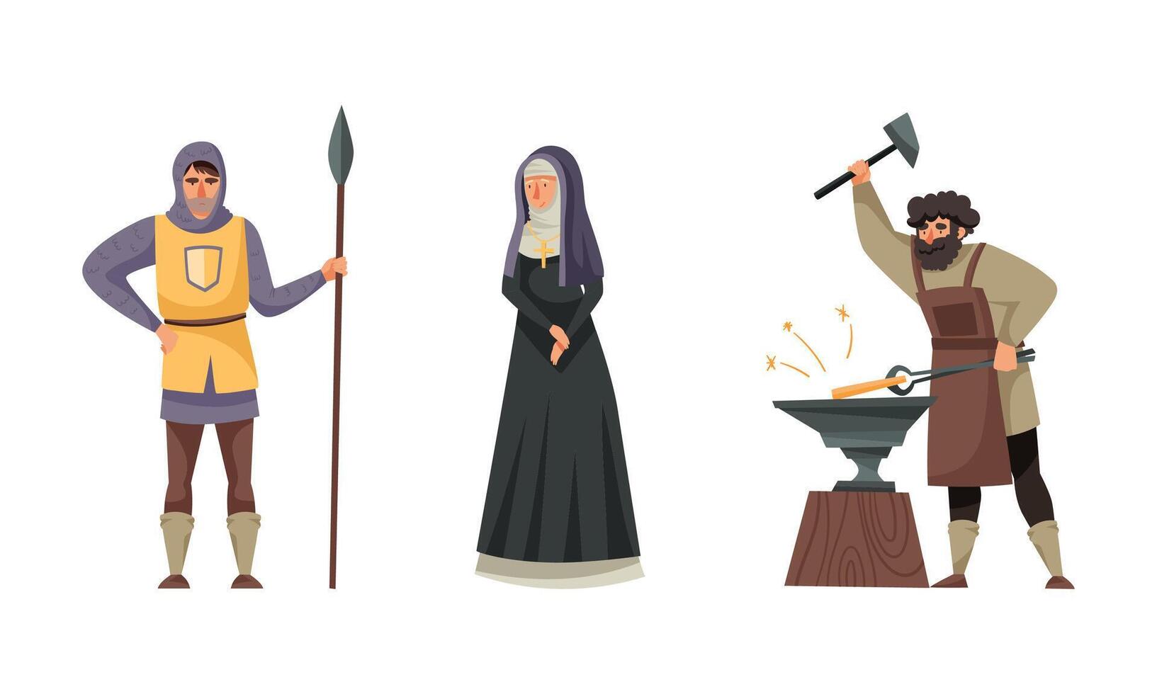 Inhabitants of the medieval city set. Guard, nun, blacksmith characters illustration vector