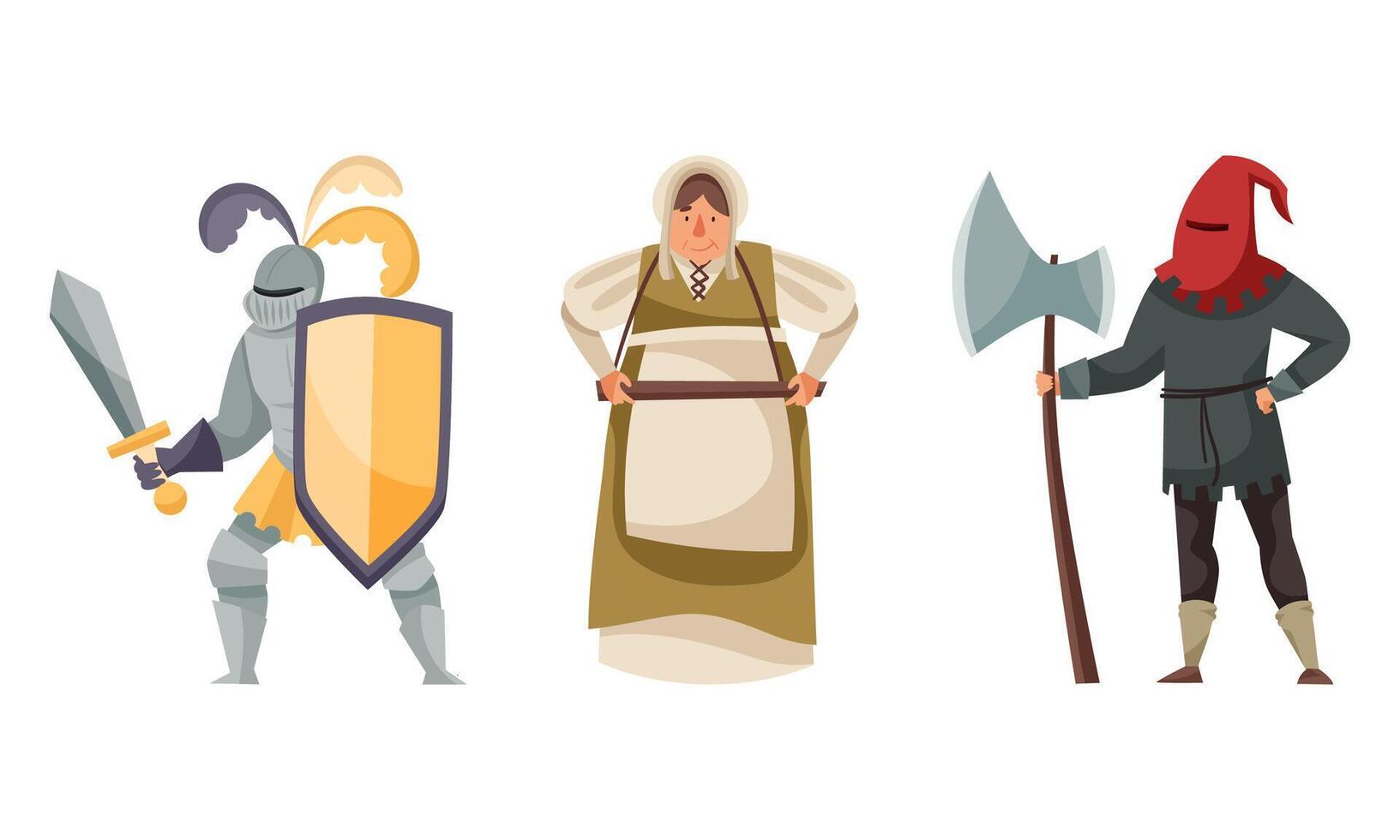 Inhabitants of the medieval city set. Knight, merchant, executioner characters illustration vector