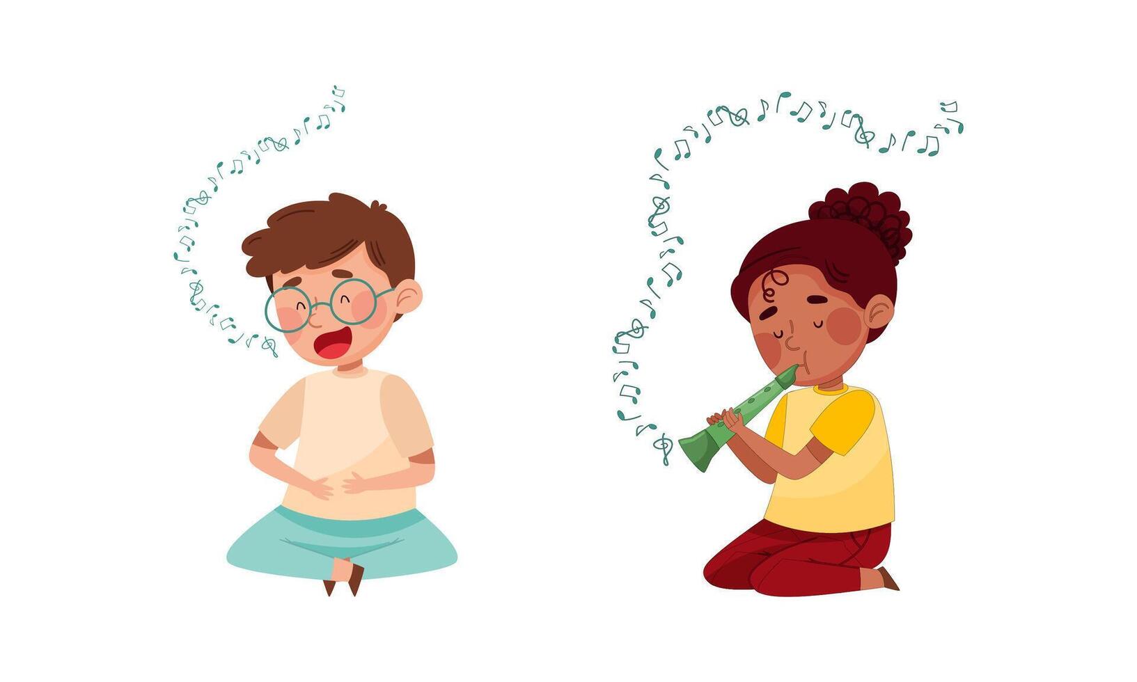 Cute kids playing music set. Boy singing, girl playing flute illustration vector