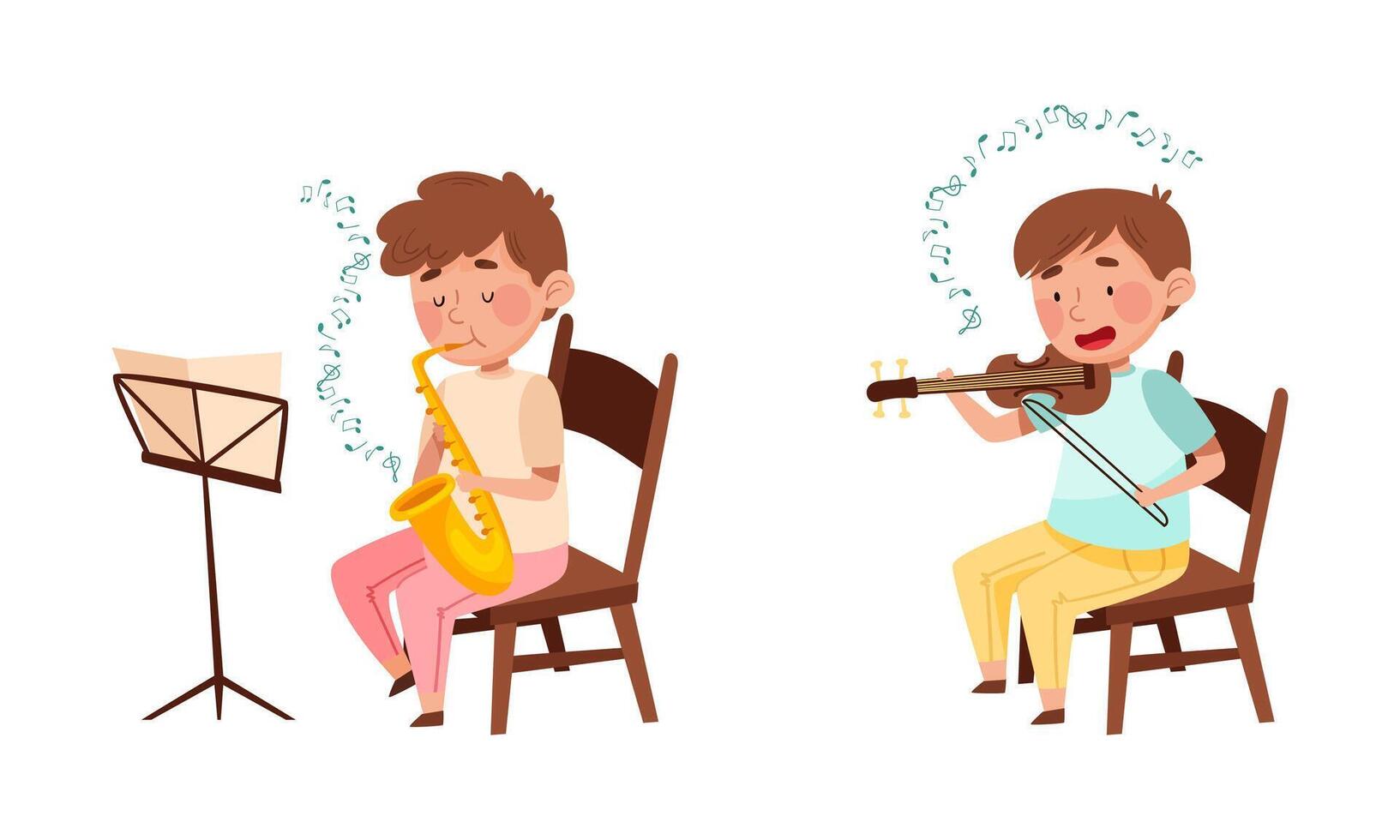 Cute kids playing music set. Boys performing melody on saxophone and violin illustration vector
