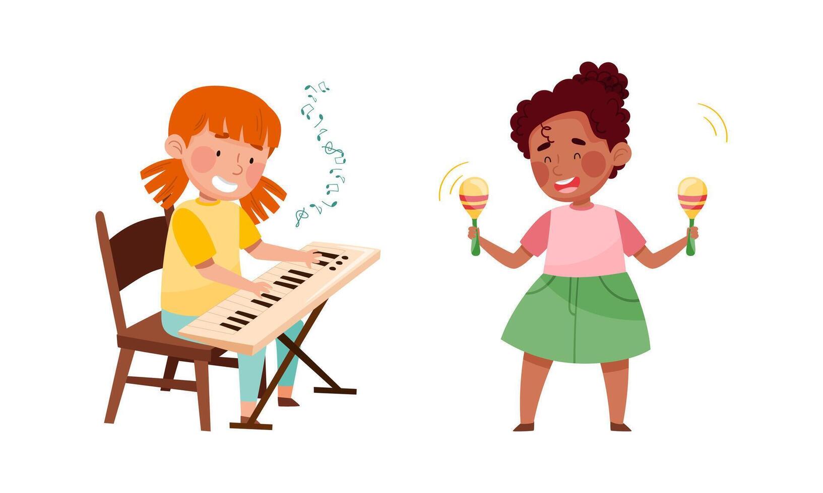 Cute kids playing music set. Girls performing melody on piano synthesizer and shaking maracas illustration vector
