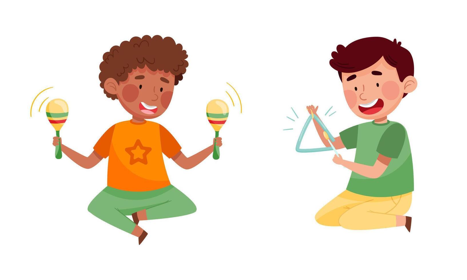 Cute kids playing music set. Boys performing with triangle and shaking maracas illustration vector