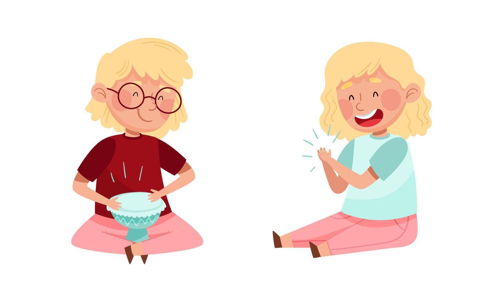 Cute kids playing music set. Happy little girls performing with drums and clapping hands illustration vector