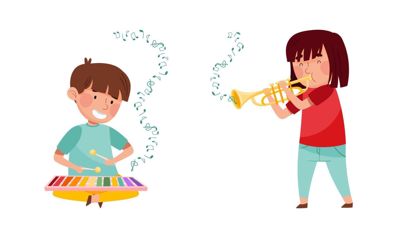 Cute kids playing music set.Boy and girl performing with xylophone and trumpet illustration vector