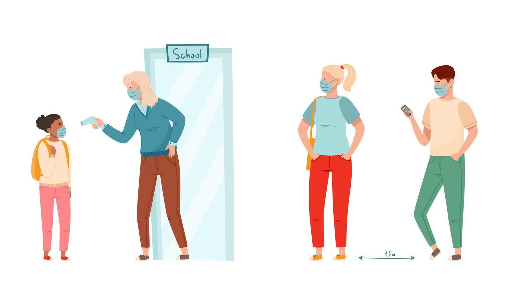 Coronavirus disease prevention measures set. Social distancing and measuring temperature illustration vector