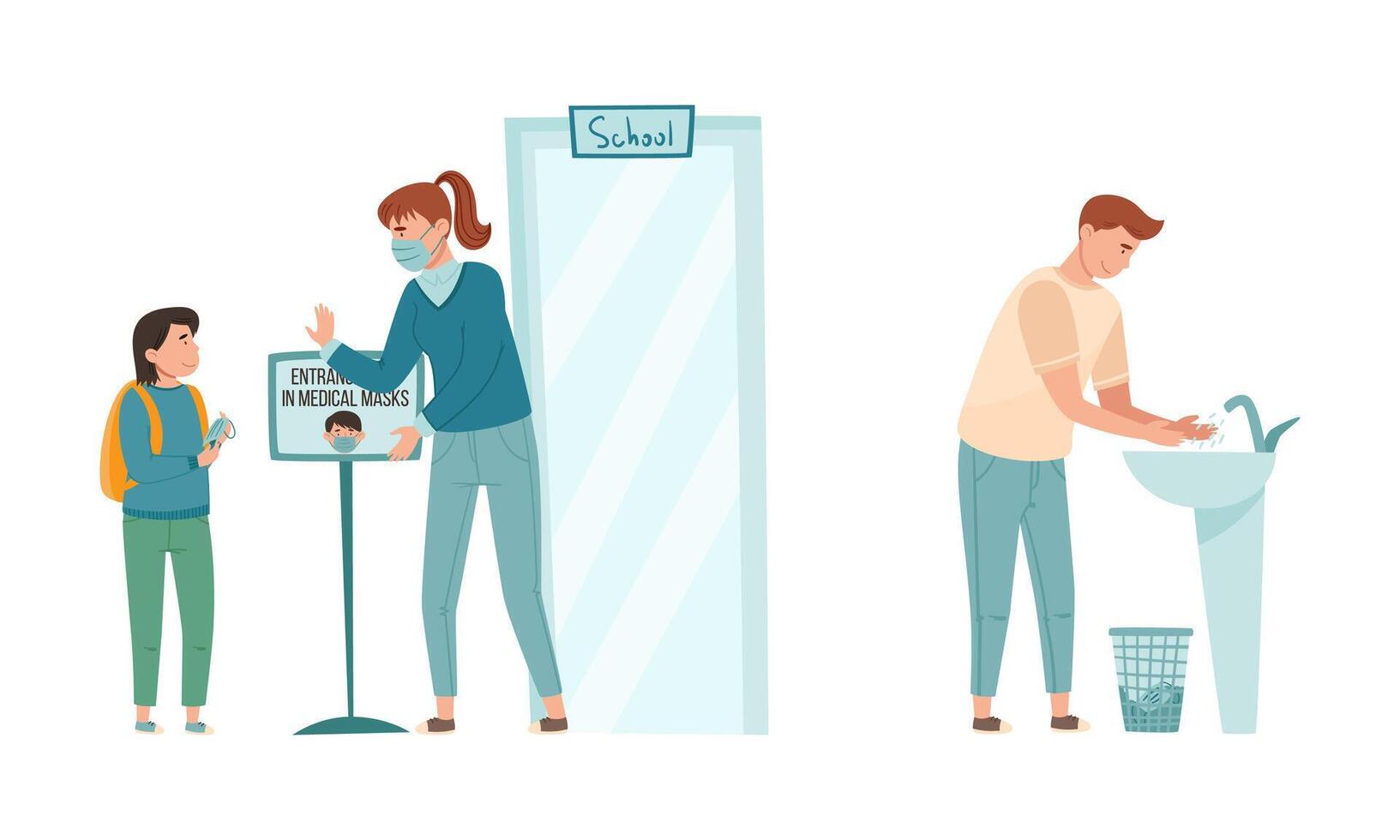 Coronavirus disease prevention measures set. Wearing protective masks and washing hands illustration vector