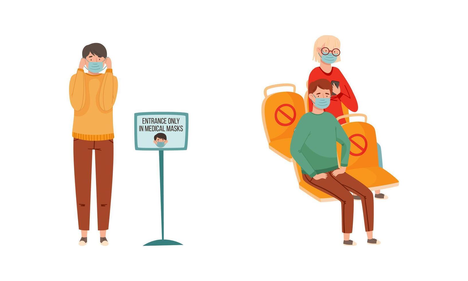 Coronavirus disease prevention measures set. Social distancing, wearing protective masks and hands disinfection illustratio vector