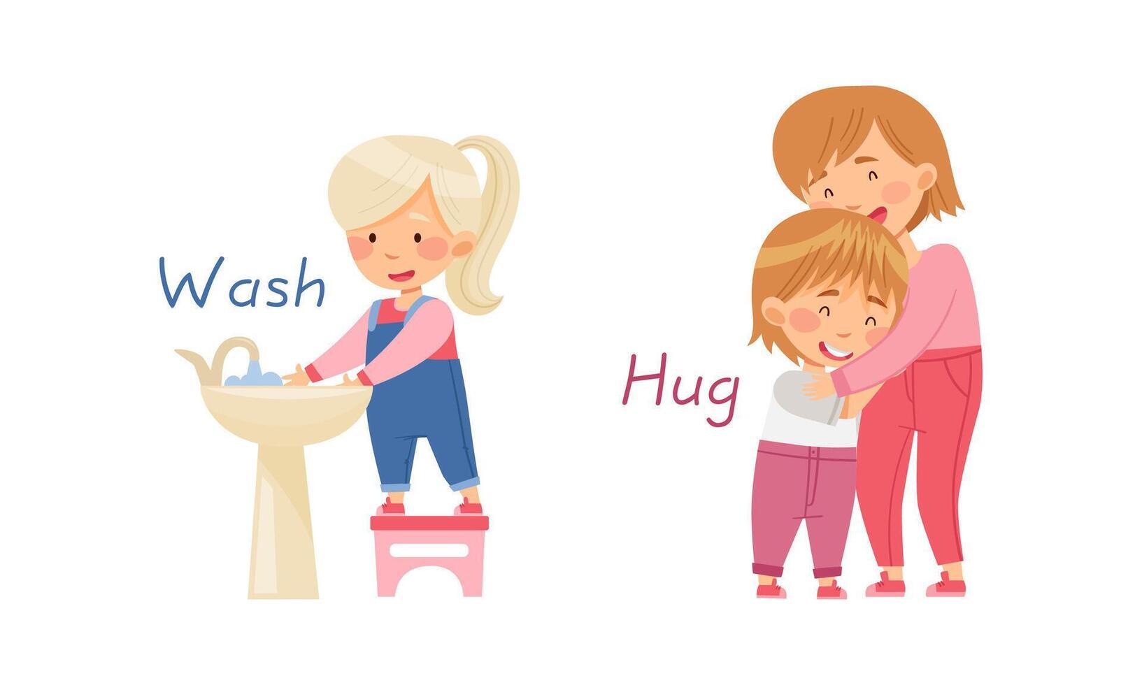 Wash and Hug English action verbs for kids education set. Children doing daily routine activities illustration vector