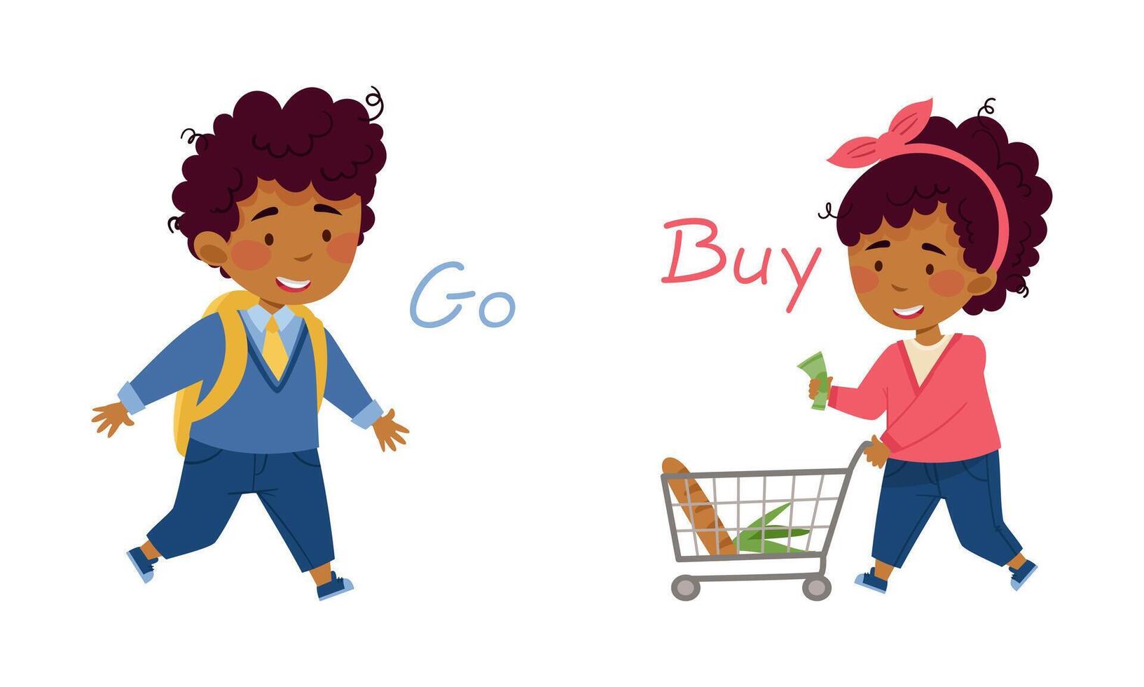 Go and buy English action verbs for kids education set. Children doing daily routine activities illustration vector