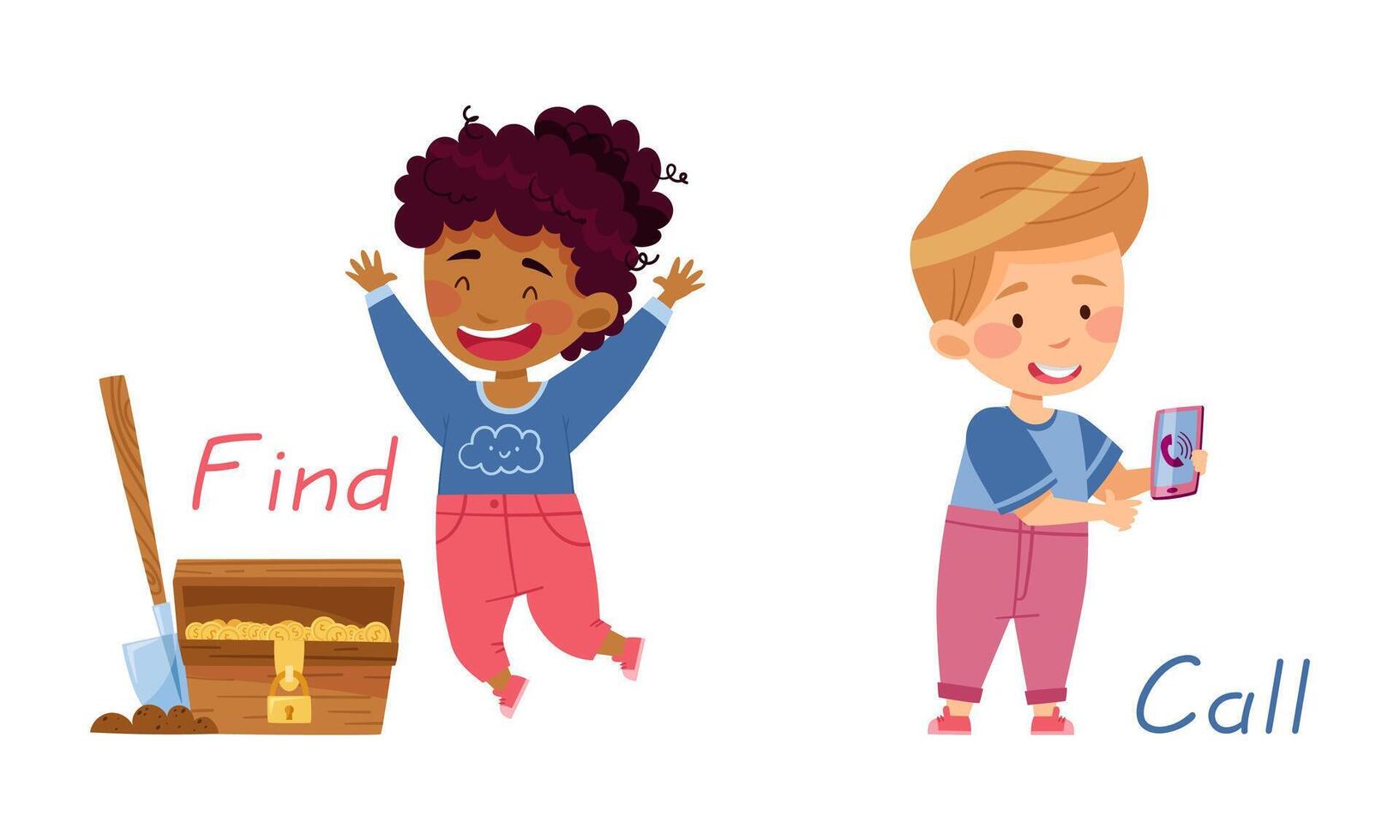 Find and Call English action verbs for kids education set. Children doing daily routine activities illustration vector