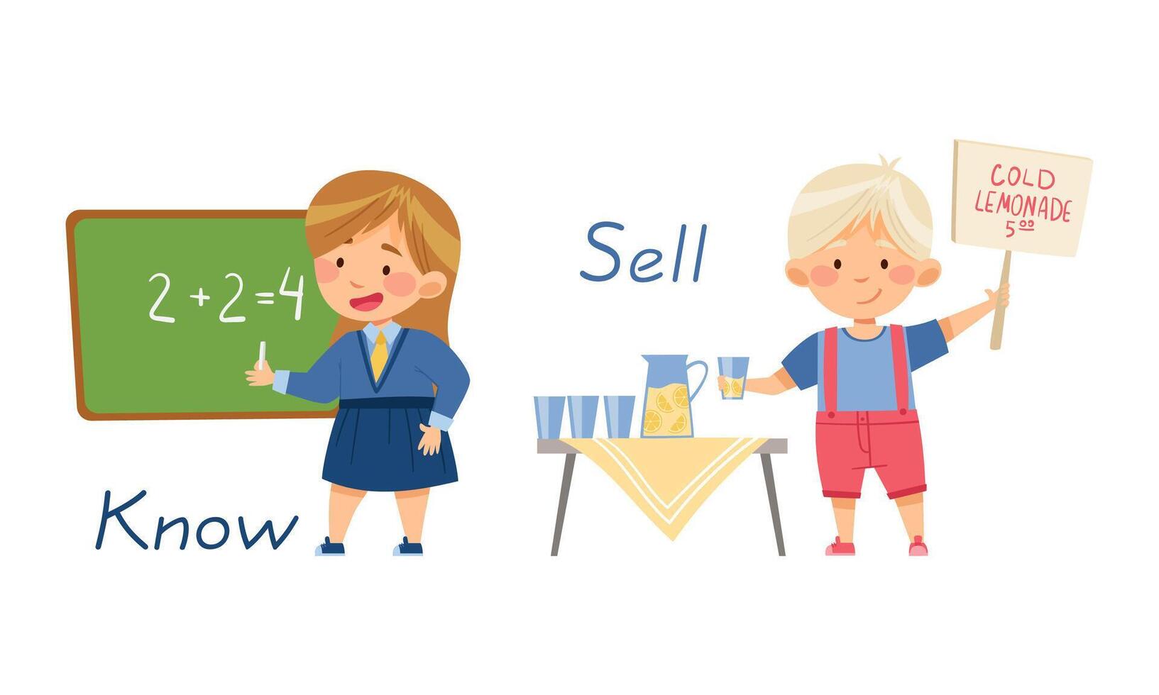 Know and Sell English action verbs for kids education set. Children doing daily routine activities illustration vector