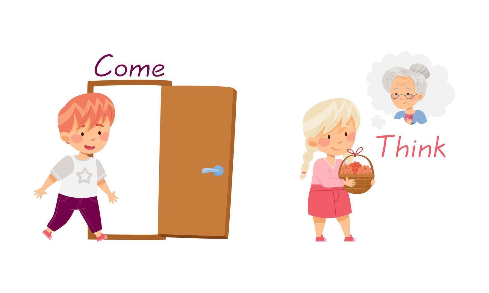 Come and Think English action verbs for kids education set. Children doing daily routine activities illustration vector