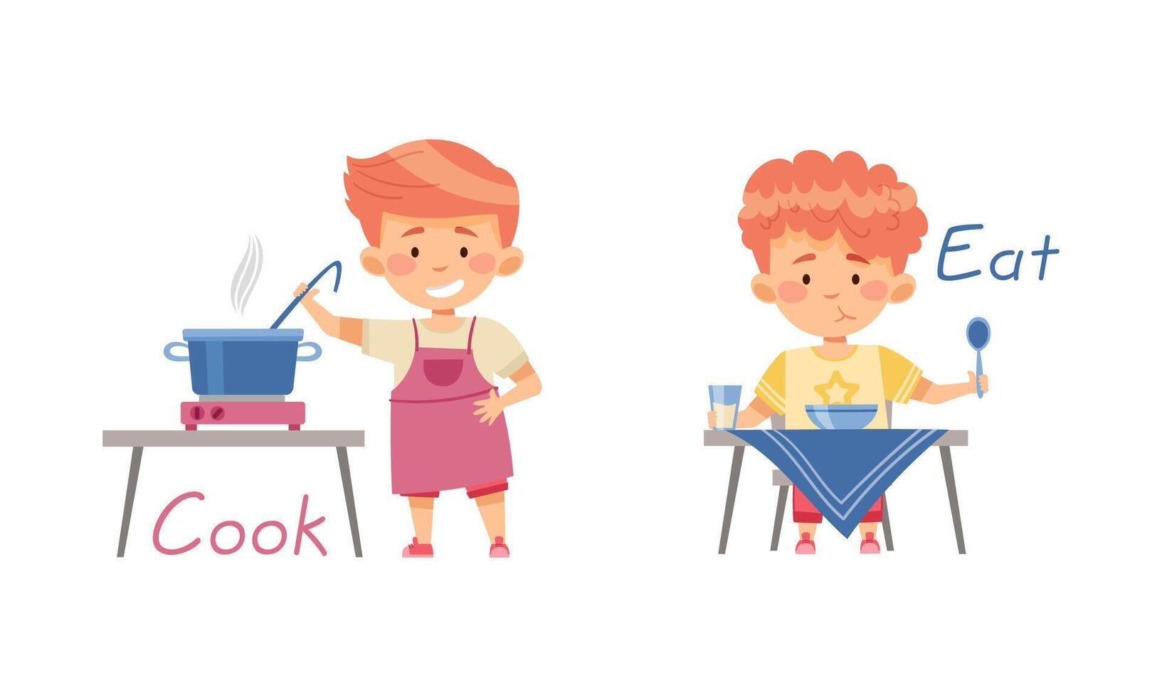 Cook and Eat English action verbs for kids education set. Children doing daily routine activities illustration vector