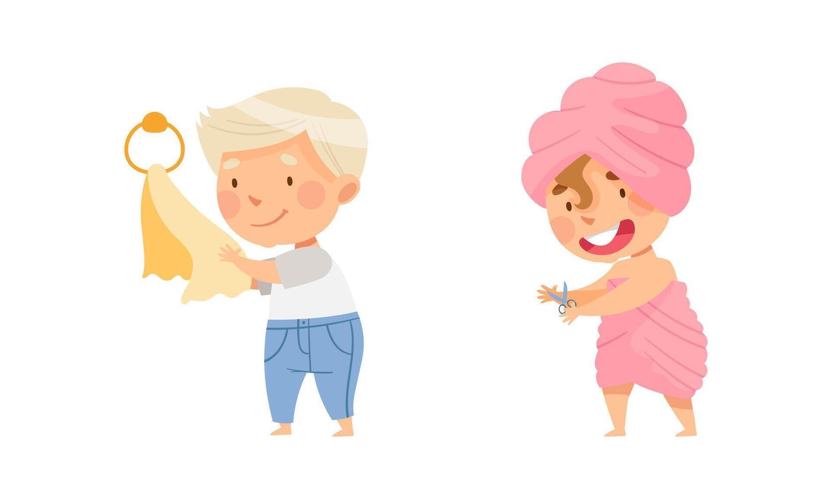 Children doing everyday hygiene activities in bathroom set. Cute boy wiping his hands with towel, the girl cutting her nails illustration vector