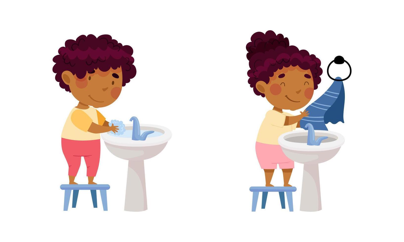 Children doing everyday hygiene activities in bathroom set. Cute little girls washing and drying their hands illustration vector