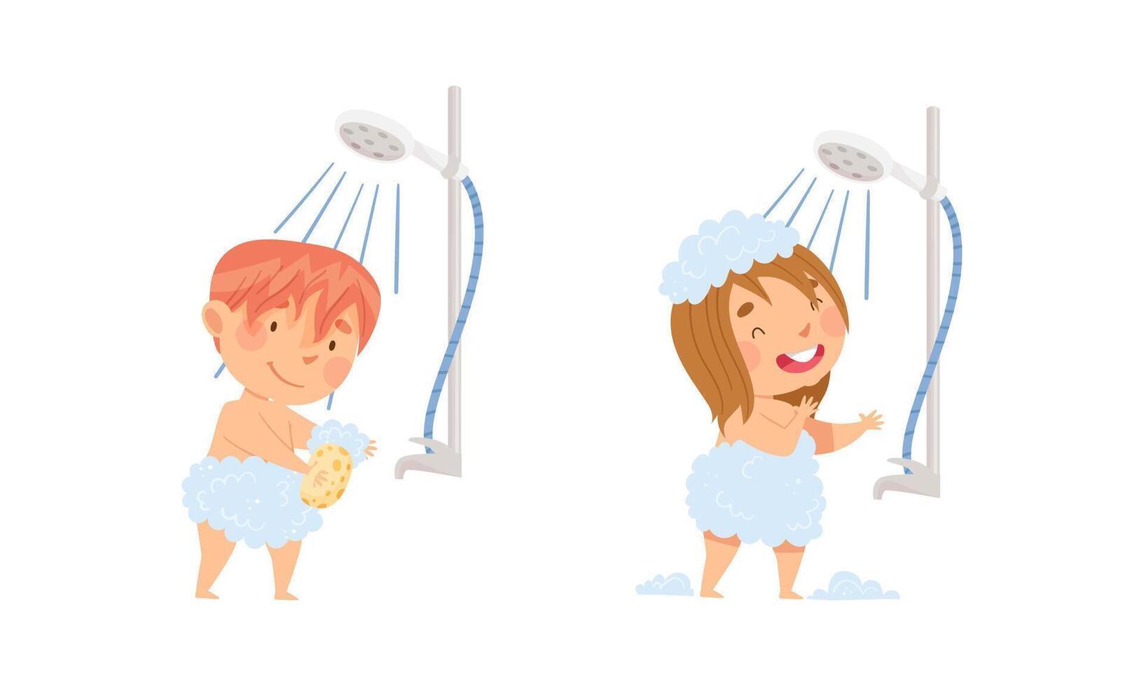 Children doing everyday hygiene activities in bathroom set. Cute little boy and girl taking shower illustration vector