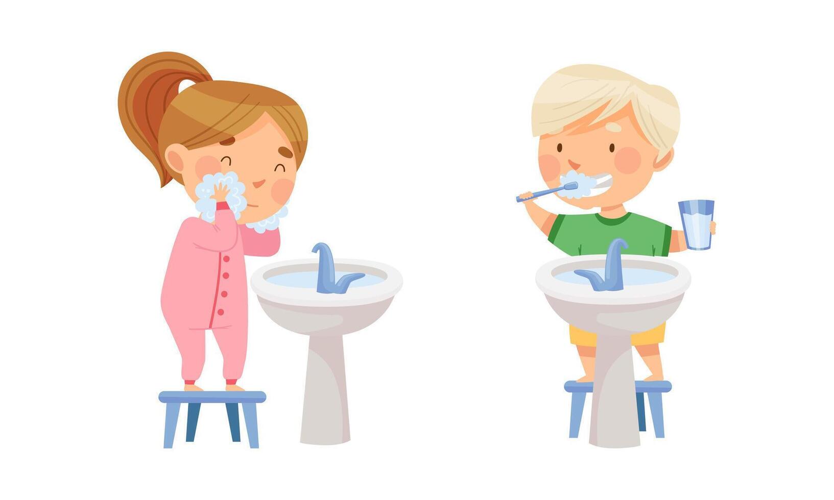 Children doing everyday hygiene activities in bathroom set. Kids washing and brushing their teeth illustration vector