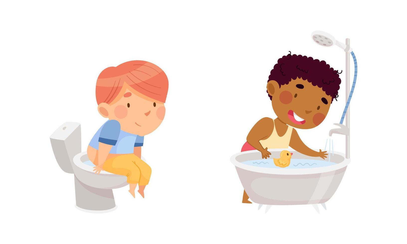 Children doing everyday hygiene activities in bathroom set. Cute boys sitting on toilet bowl and bathing in bathtub illustration vector