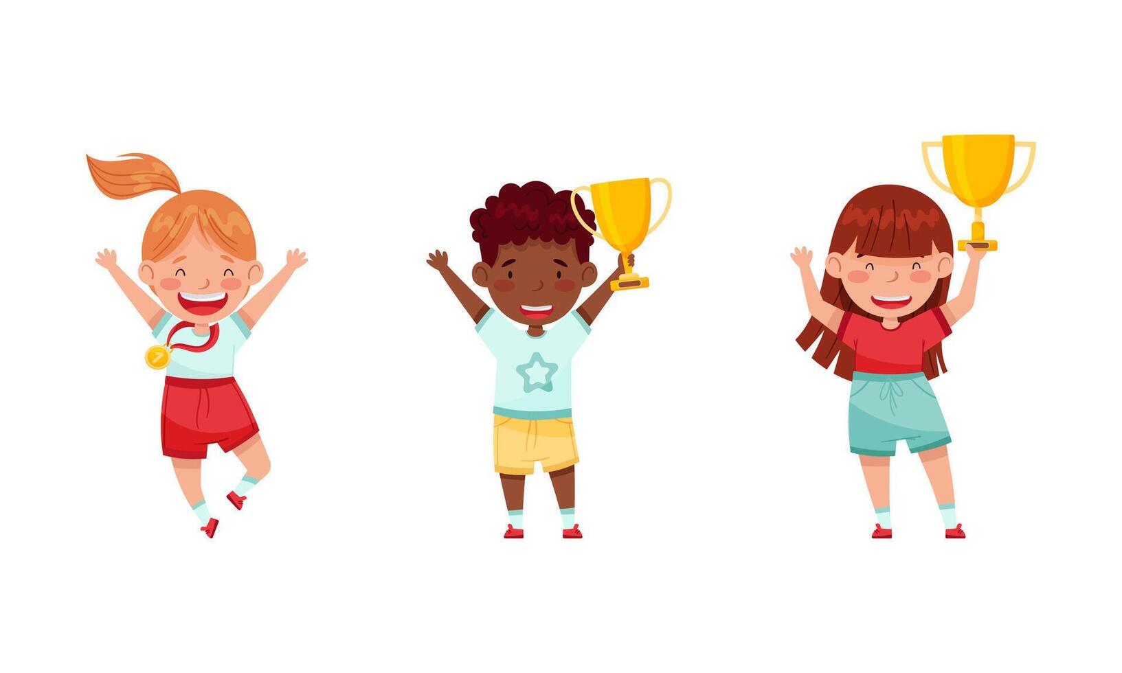 Cute happy kids won game gold trophy cup and medal set. Winners celebrating victory in competition illustration vector