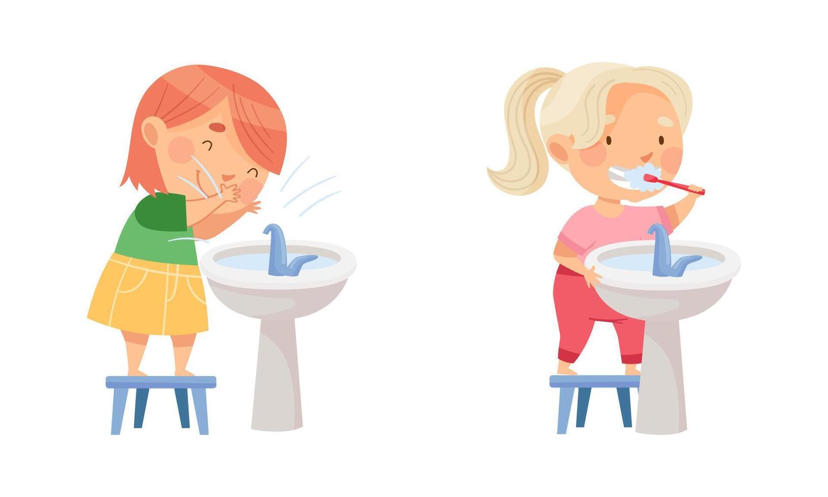 Kids doing everyday hygiene activities in bathroom set. Cute little girls brushing their teeth illustration vector