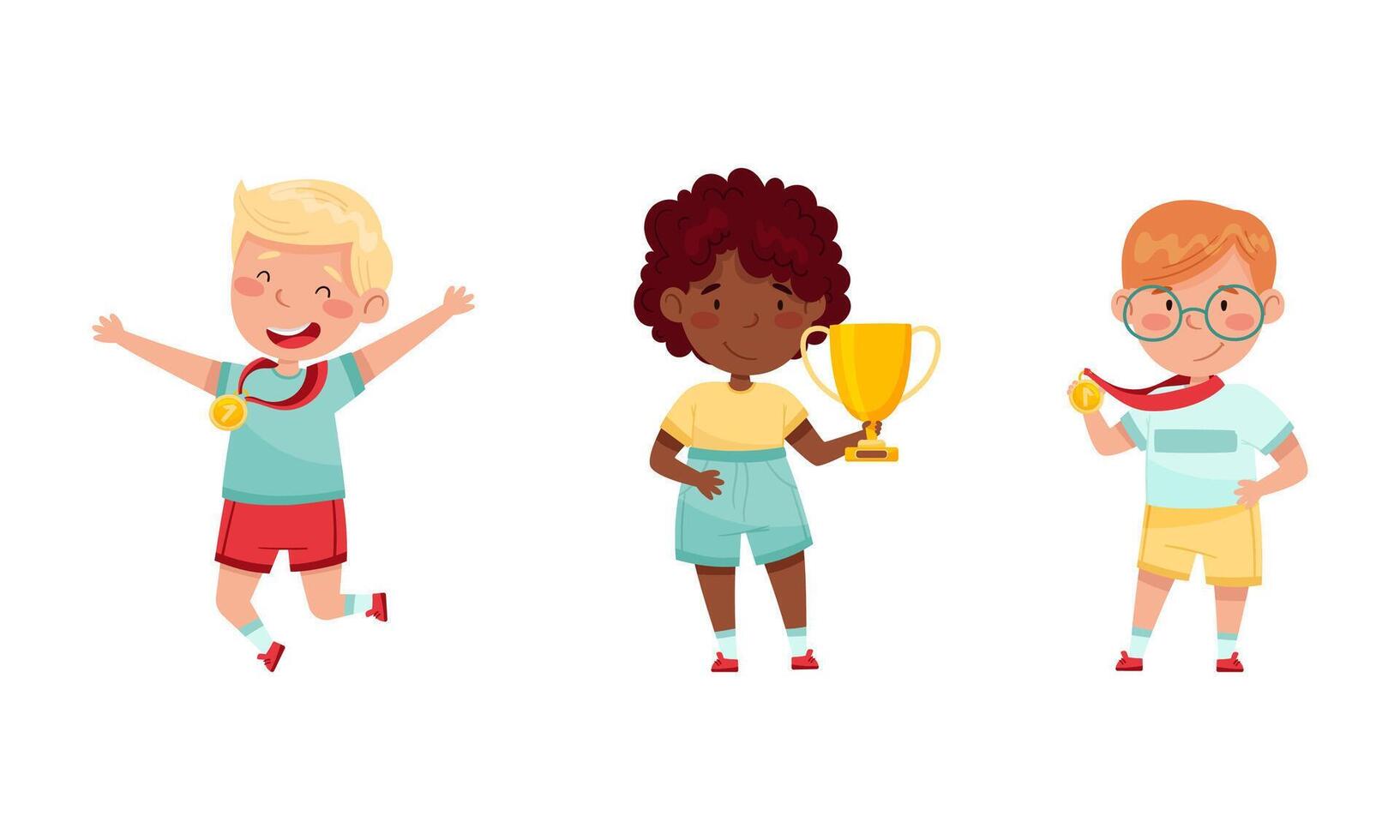 Happy little boy and girl with gold trophy cup and medal set. Kids celebrating victory in competition illustration vector