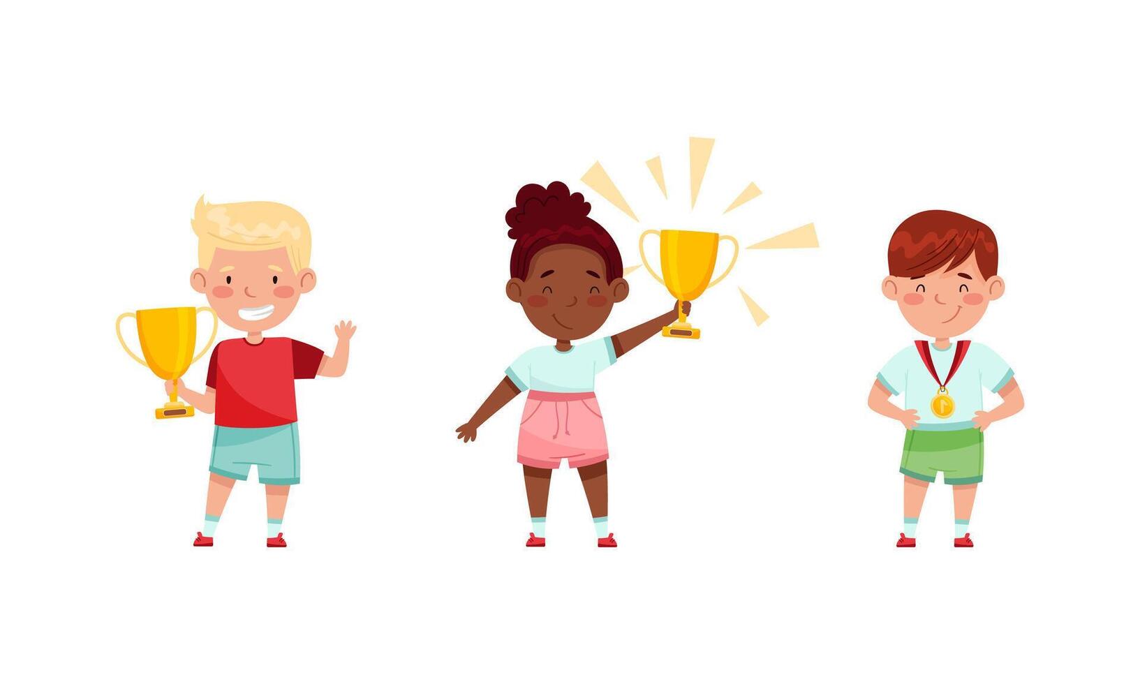 Kids celebrating victory in game competition with gold trophy cup and medal set illustration vector
