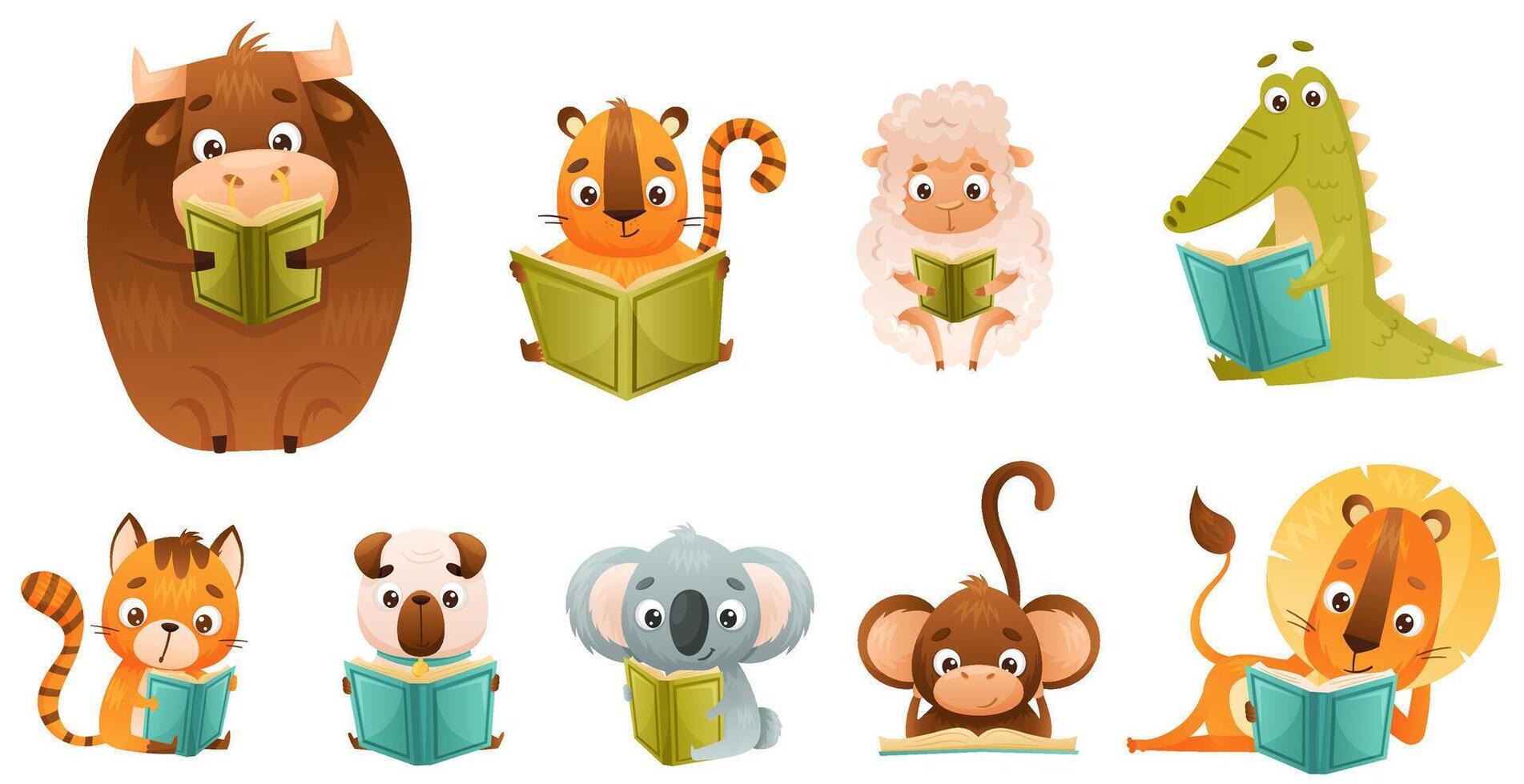 Cute baby animals reading books set. Smart lion, sheep, monkey, cat, dog, chipmunk, bull sitting and studying with book cartoon illustration vector